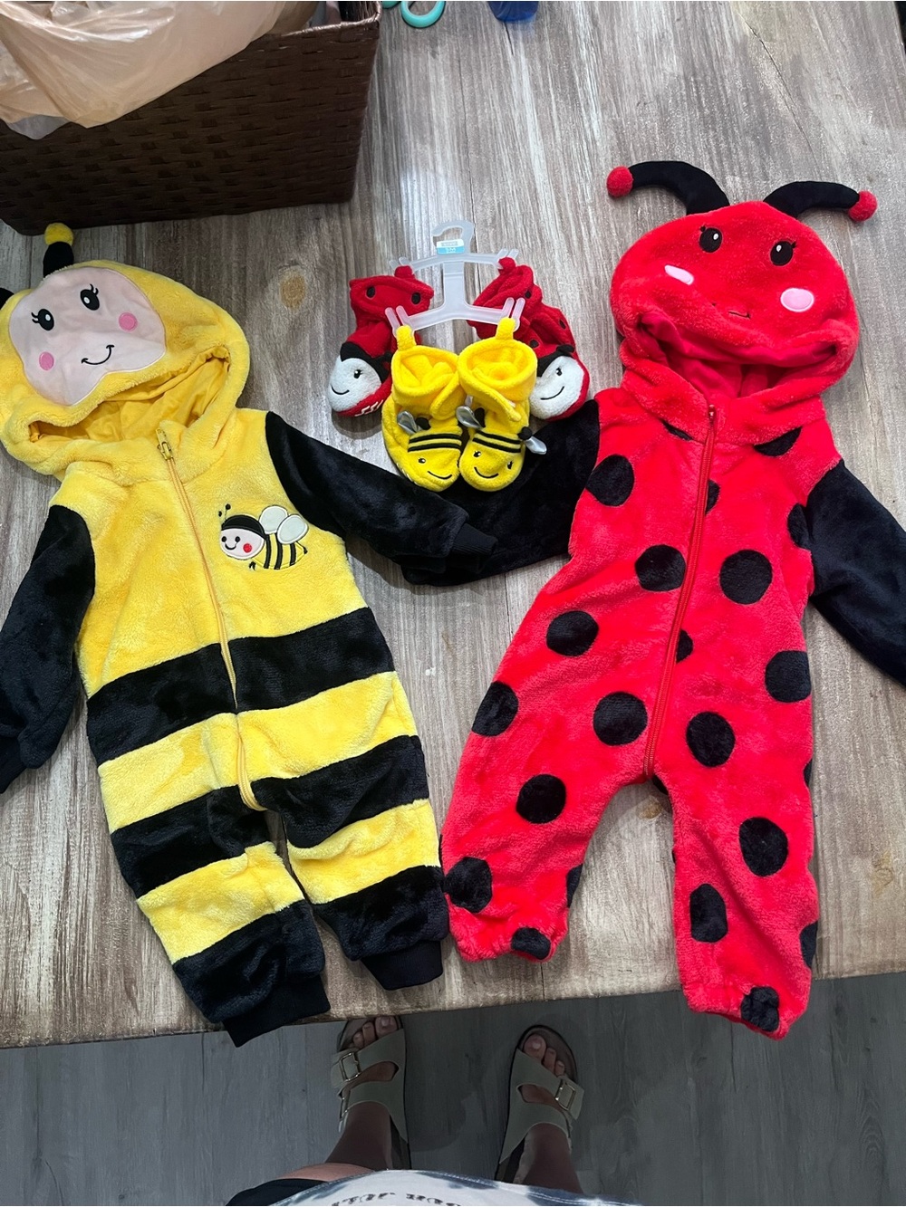 Baby Bee and Ladybug Plush One-Piece Rompers - Yellow & Red